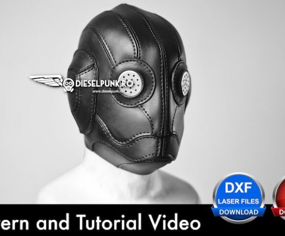 Человек в черной кожаной маске в стиле стимпанк с надписью "Dieselpunk.ro" и значками для загрузки в формате DXF и PDF, а также "Шаблон и обучающее видео" внизу.