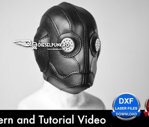 Человек в черной кожаной маске в стиле стимпанк с надписью "Dieselpunk.ro" и значками для загрузки в формате DXF и PDF, а также "Шаблон и обучающее видео" внизу.