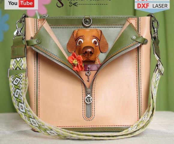 Необычная выкройка сумка с головой собаки и цветком