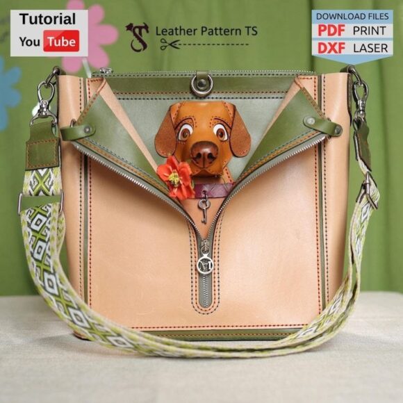 Необычная выкройка сумка с головой собаки и цветком